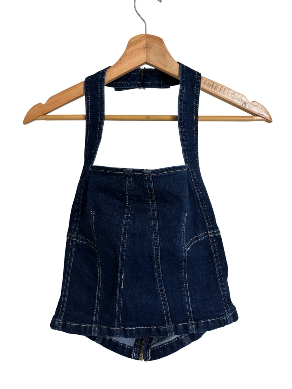 Sincerely Jules blue dark denim wash zip up buckle halter corset style Tank L